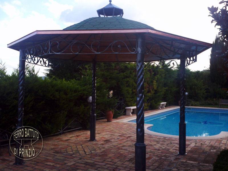 Wrought iron gazebo with wood