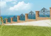 Wrought iron fence with curly decorations